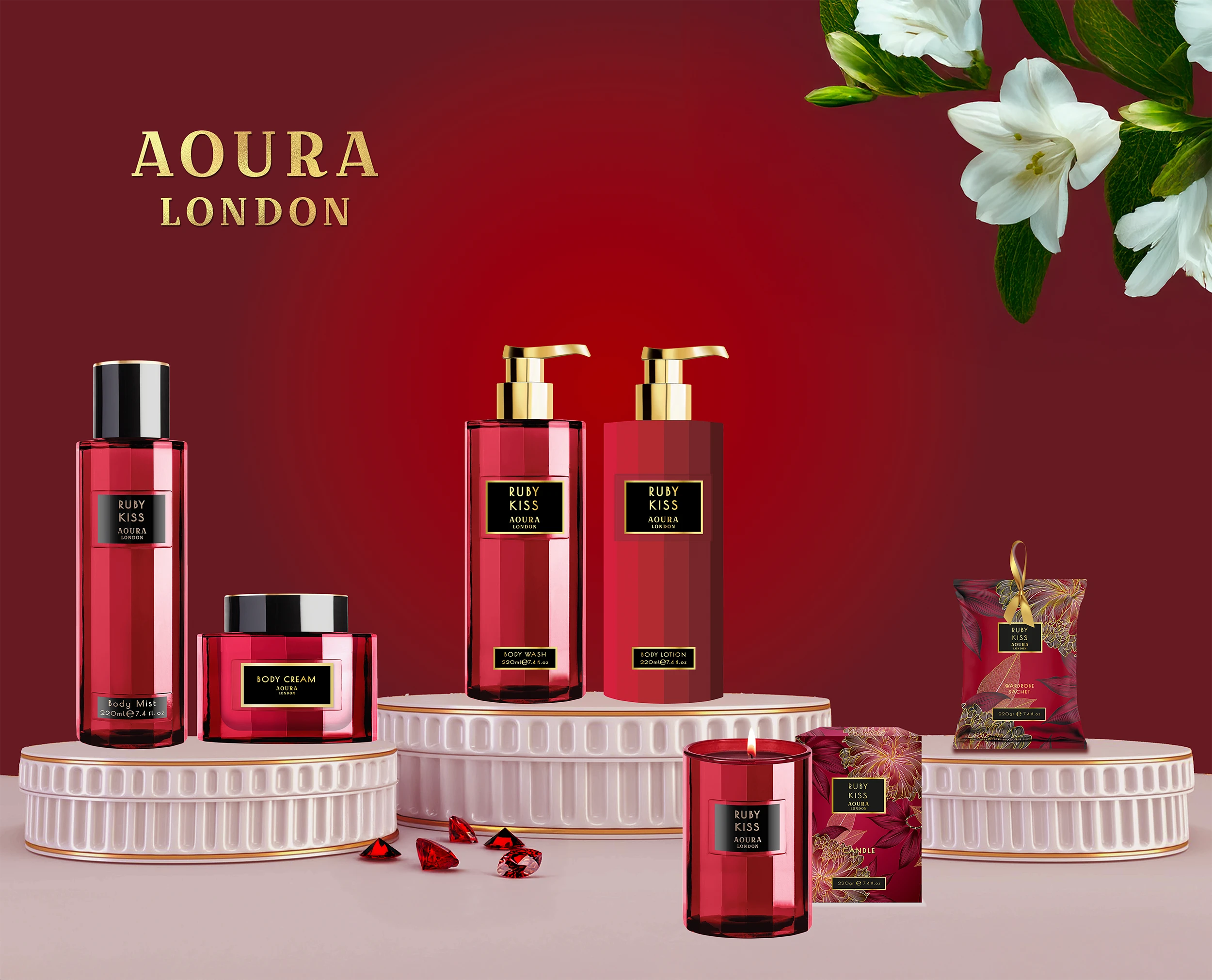 red bath and body packaging graphic design for aura bath and body