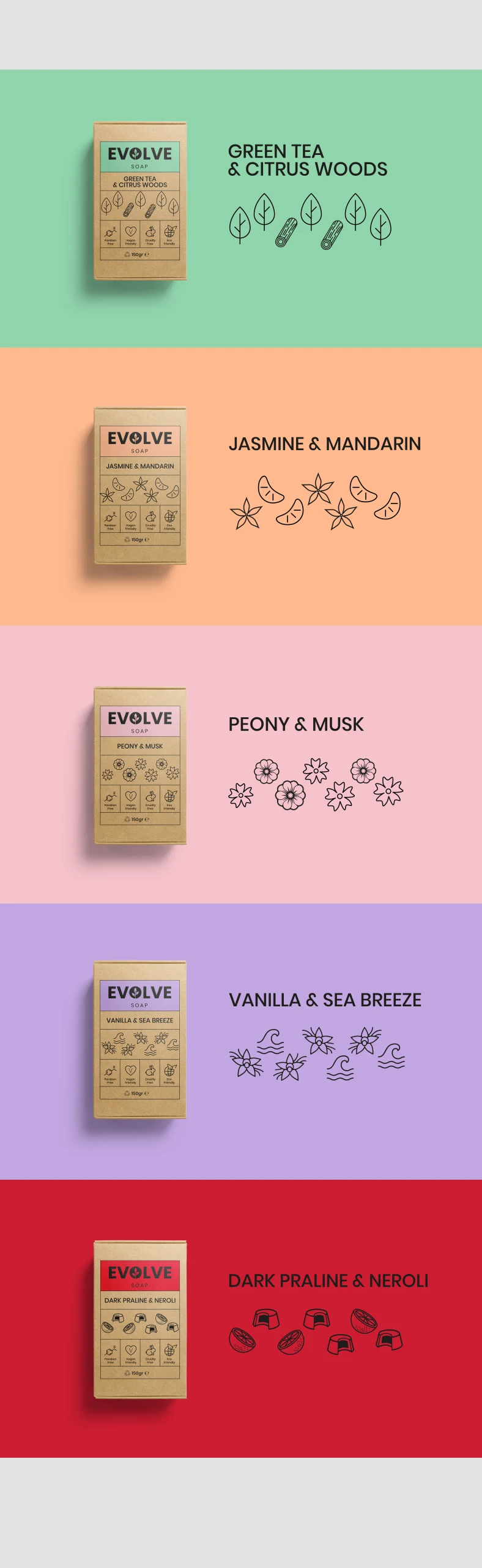 Explore eco friendly packaging design created for Evolve, featuring sustainable skincare branding and product visuals.